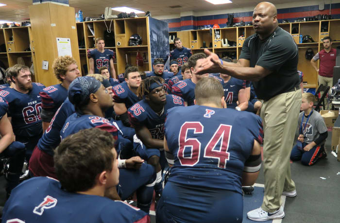 Pregame talk in the Penn locker room.